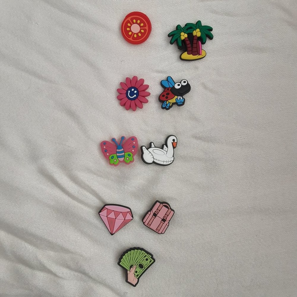 🌞 Crocs Charms Set of 9 Flowers Ladybug Butterfly Palm Trees Swan